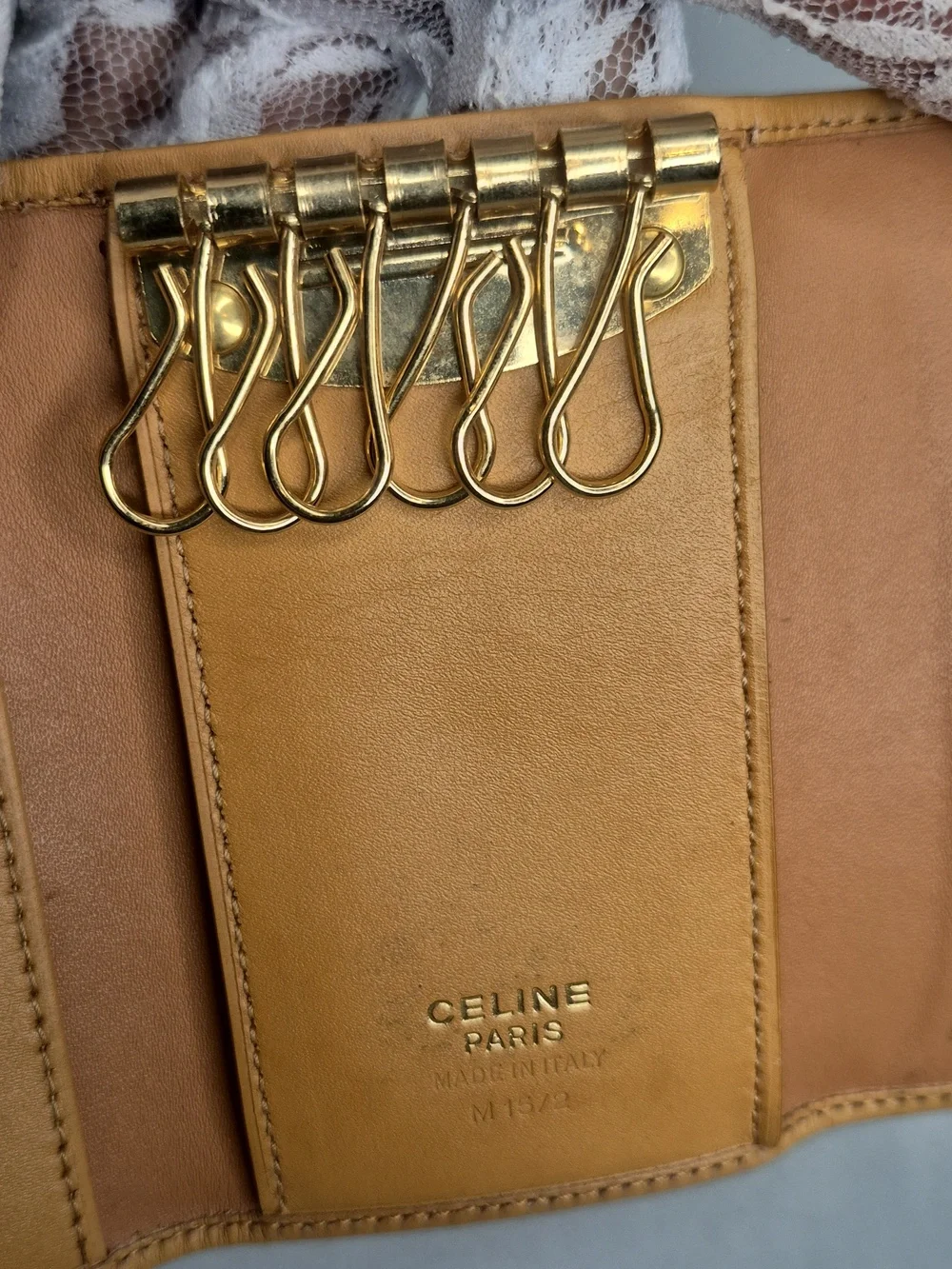 Celine Brown Canvas Trifold Key Holder with Tan Trim